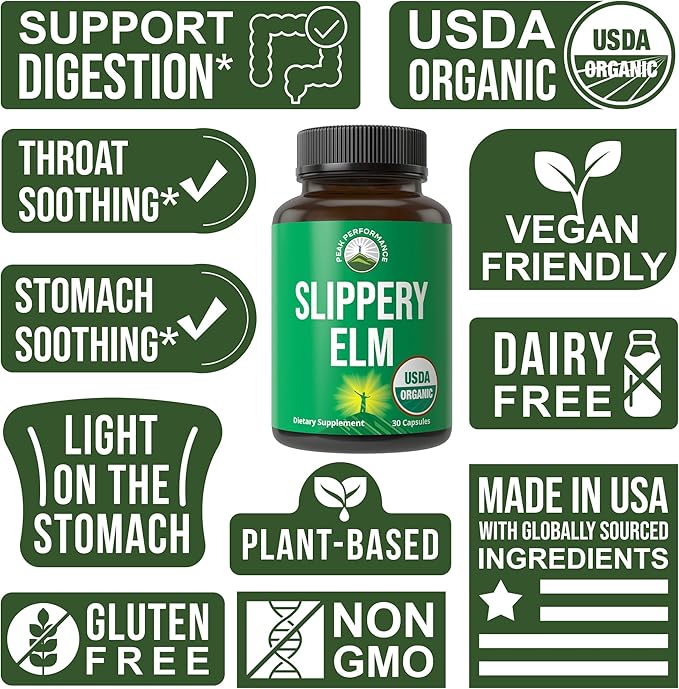 USDA Organic Slippery Elm for Women & Men. Vegan Capsules with Micronized Slippery Elm Bark Powder for Digestion, Bloating Relief, & Gut Lining. Natural Mucilage that Soothes The Throat & Airways