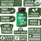 USDA Organic Slippery Elm for Women & Men. Vegan Capsules with Micronized Slippery Elm Bark Powder for Digestion, Bloating Relief, & Gut Lining. Natural Mucilage that Soothes The Throat & Airways