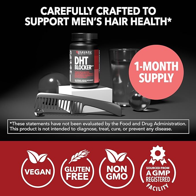DHT Blocker for Men with Biotin 10000mcg Per Serving, Saw Palmetto Extract & MSM - Supports Normal Healthy Hair Growth - With Pea Extract & Stinging Nettle - Vegan, Non-GMO, Gluten Free - 30 Servings