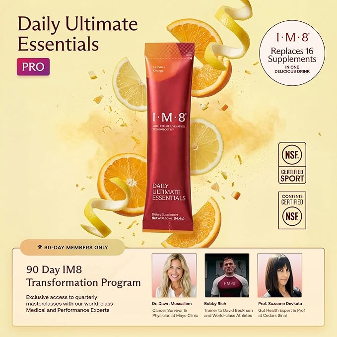 IM8 Daily Ultimate Essentials All-in-One Multivitamin Supplement, 92 Nutrient Rich Ingredients CoQ10, Probiotics, Vitamins, Greens, Gluten Free, Vegan (90 Packets, Lemon & Orange)