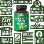 USDA Organic 3-in-1 Prebiotic Fiber - Vegan Capsules for Gut, Digestive Health. Raw Whole Food Plant Based Prebiotics Pills Supplement with Inulin (Jerusalem Artichoke), Acacia Fibers, SunFiber