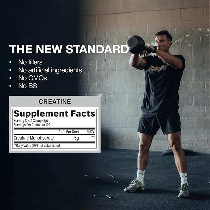 RAW Nutrition Creatine Monohydrate Powder, Unflavored (100 Servings) - Micronized Creatine Monohydrate Supplement for Workout Performance, Build Muscle & Strength - Creatine Powder for Men & Women