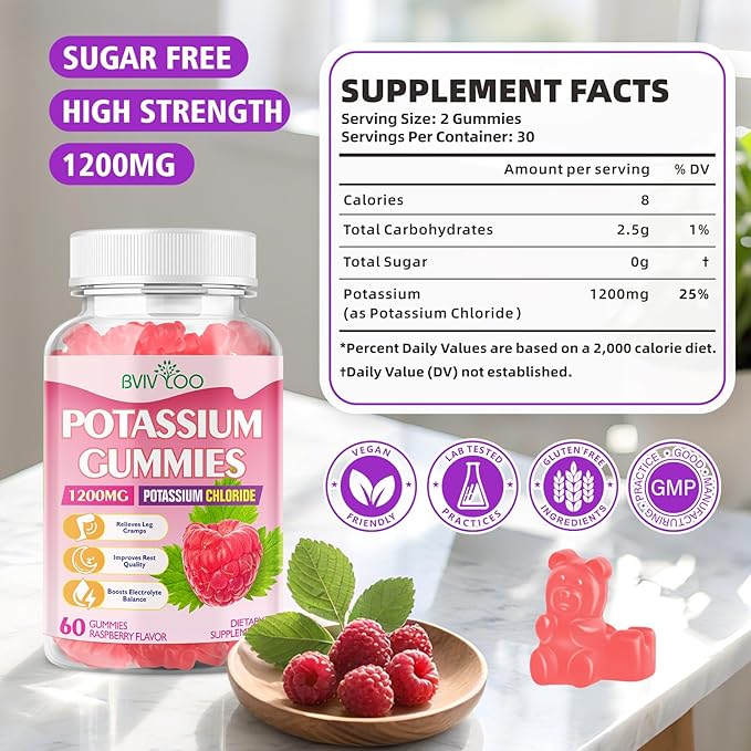 Potassium Gummies for Adults with 1200mg Potassium Chloride - Supports Muscle Health & Leg Cramps, Raspberry Flavor, 60 Count
