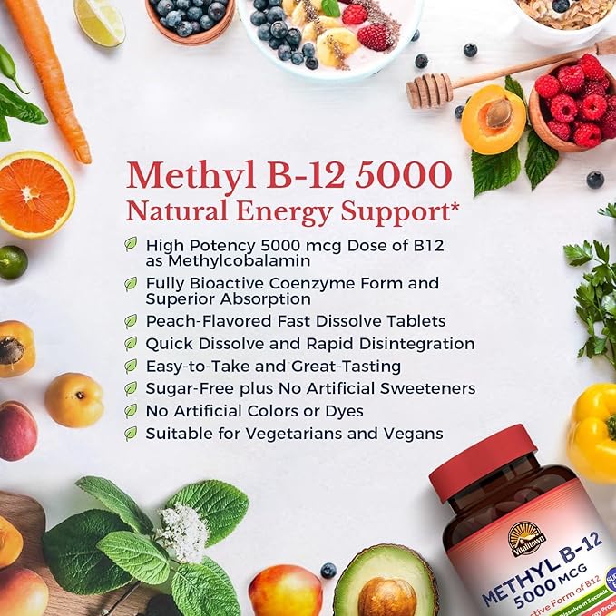 Vitalitown Vitamin B12 (Methyl B12) 5000 mcg, Fully Bioactive Form, Support Energy Production, Natural Peach Flavor, Zero Sugar, 120 Fast Dissolve Tablets