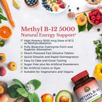 Vitalitown Vitamin B12 (Methyl B12) 5000 mcg, Fully Bioactive Form, Support Energy Production, Natural Peach Flavor, Zero Sugar, 240 Fast Dissolve Tablets