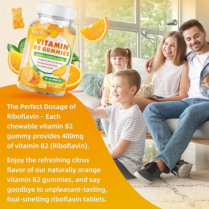 Vitamin B2 Gummies - Riboflavin 400mg for Kids & Adults, Migraine Relief & Headache Relief, Vegan, Sugar-Free, Orange Flavor, 60 Gummies