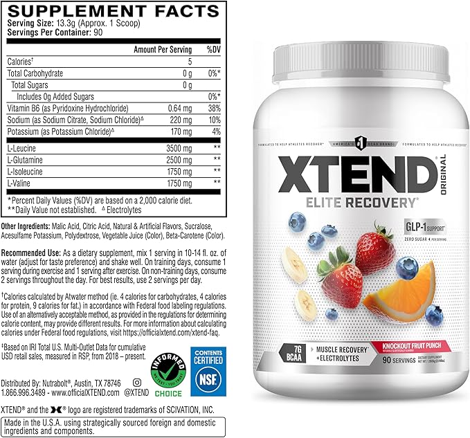 XTEND Original BCAA Powder Knockout Fruit Punch | Sugar Free Post Workout Muscle Recovery Drink with Amino Acids | 7g BCAAs for Men & Women | 90 Servings