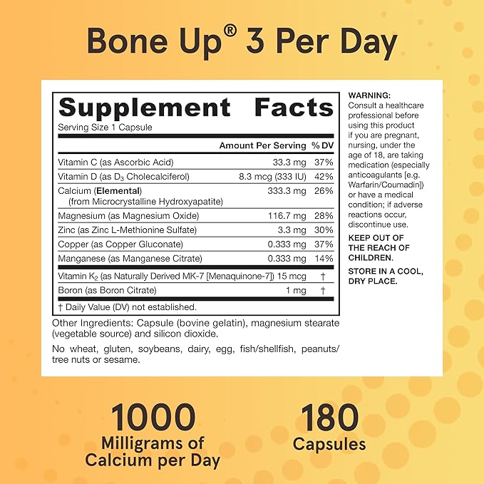 Jarrow Formulas BoneUp Three Per Day for Bone Density and Skeletal Nutrition, Includes Vitamin D3, K2 (as MK-7) and Calcium, 180 Capsules, 60 Day Supply