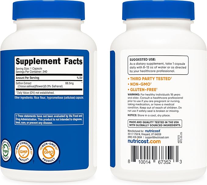 Nutricost Saffron Extract 88.5mg, 240 Capsules - Veggie Caps, Non-GMO, Gluten Free (Pack of 2)