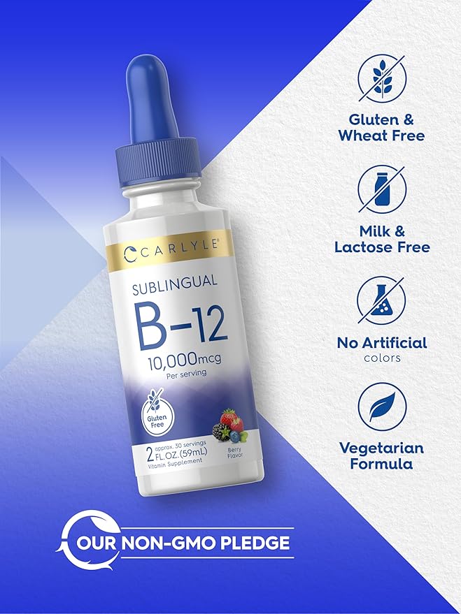 Carlyle Vitamin B12 Sublingual Liquid Drops | 10,000mcg | 2 fl oz | Vegetarian, Non-GMO, Gluten Free