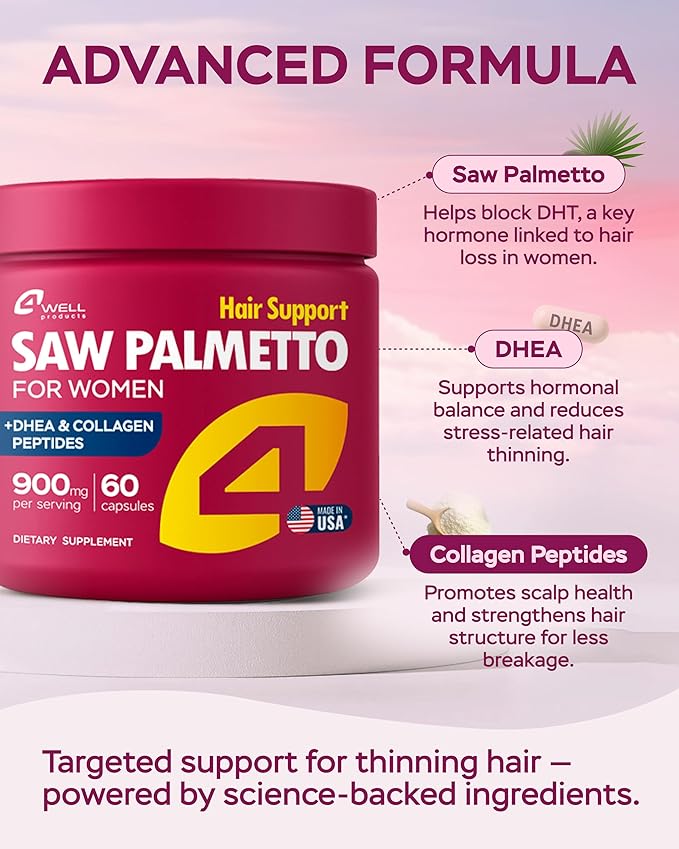 Saw Palmetto for Women 900mg – DHT Blocker for Hair Growth with DHEA & Collagen Peptides, Advanced Beauty Support Complex for Hair, Skin & Nails, DHEA Supplement, Thinning Support, 60 Capsules