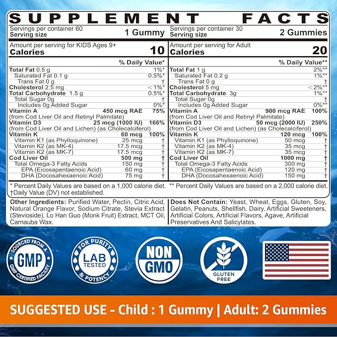 Cod Liver Oil Gummies 1000mg for Kids & Adults - w/Omega 3 (EPA & DHA), Vitamins A, D3 & K2 - Cod Liver Oil Omega 3 Gummies for Immune, Brain & Cognitive Support, Sugar-Free, Orange Flavor, 60Cts