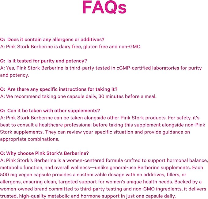 Pink Stork Berberine 500mg - Nature's GLP-1 Supplement - Daily AMPK Metabolic Activator - 500-1000 mg Metabolism + Gut Health for Women | Third-Party Tested | Vegan | Non-GMO| 30 Capsules