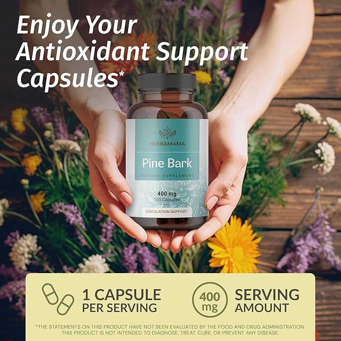 HERBAMAMA Pine Bark Extract Capsules - 400mg French Maritime Pine Bark Extract Powder for Antioxidant Support - Vegan, Non-GMO Pinus Pinaster Supplement