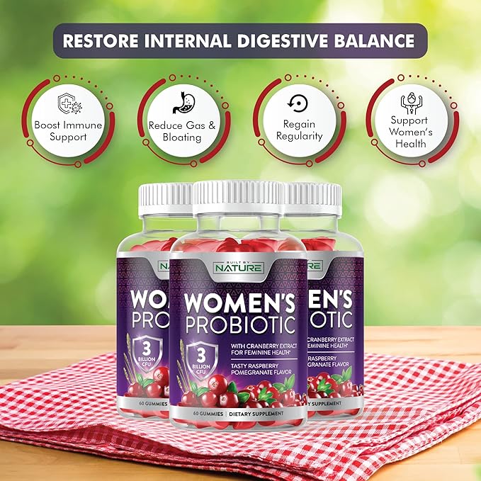 Built by Nature Probiotics for Women Gummies 3 Billion CFU, 6 Probiotic Strains with Cranberry Supplement, Digestive, Immune, Vaginal & Urinary Health, Shelf Stable, 60 Gummy