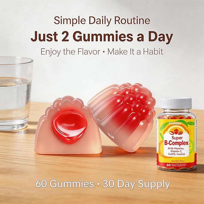 Liquid-Filled B Complex Gummies for Daily Routine, Juicy Berry Flavor, Complete B Vitamins with Vitamin C, CoQ10 & Inositol, Easy to Enjoy, 60 Gummies x 2 (120 Total)
