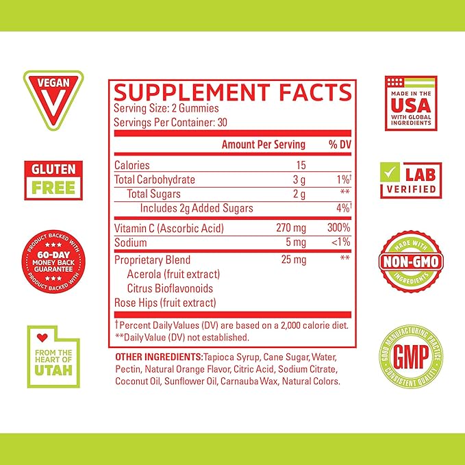 Zhou Vitamin C+ Gummies - Vitamin C Gummies for Adults and Kids, 270 mg per Gummy with Bioflavinoids and Acerola for Immune Support - 60 Vegan Gummies