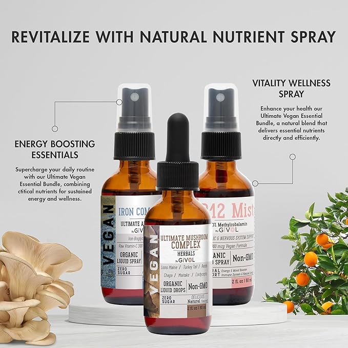 Ultimate Vegan Essential Bundle Liquid Spray- Ultimate Mushroom Complex, Iron Bisglycinate, and Vitamin B12 Methylcobalamin, All Natural, Non-GMO, Gluten Free, Sugar Free 2 Fl Oz 360 Days Supply
