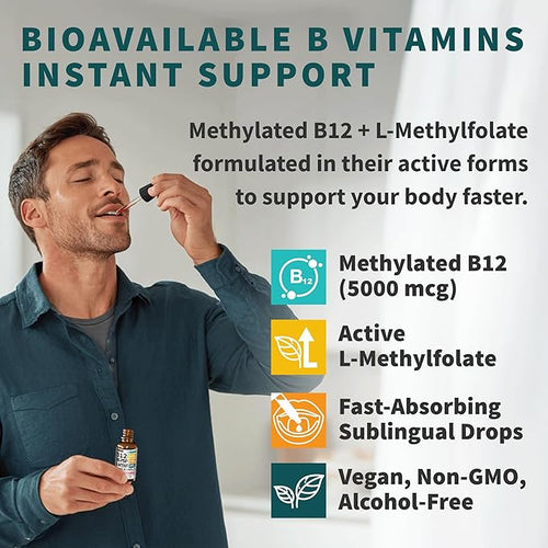 (2-Pack) Methylated B Complex Liquid Drops with Active L-Methylfolate - B12 Sublingual Drops, Vitamin B Complex - Vegan B 12 Vitamin 5000mcg, Non-GMO, Raspberry Flavor, No Sugar, 2 Fl oz, 80 Servings