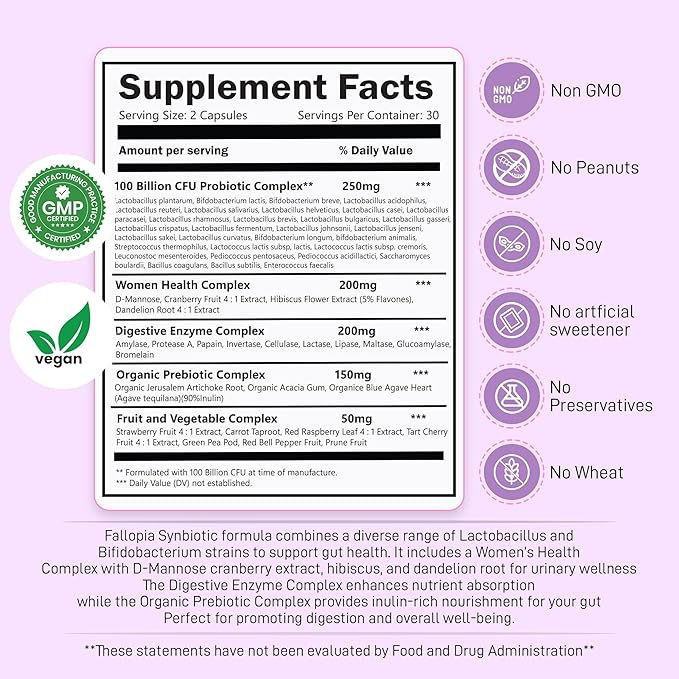 Probiotics for Women with Prebiotics Cranberry D Mannose Digestive Enzymes & Hibiscus 34 Strains 100 Billion CFU Feminine Care Supplement for Vaginal Gut Urinary Health and pH Balance Support