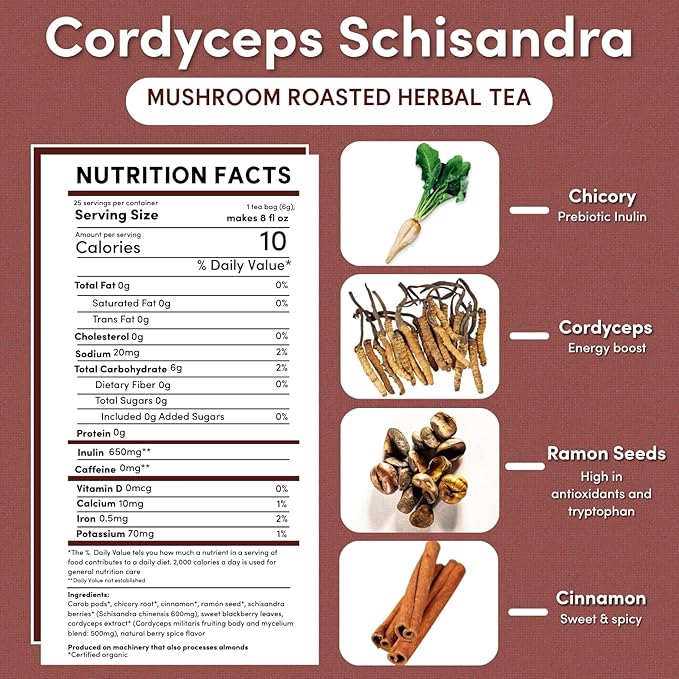 Teeccino Cordyceps Schisandra Tea - Cinnamon Berry - 25 TeaBags - Caffeine Free Mushroom Adaptogenic Herbal Tea, 3x More Herbs Than Regular Tea Bags, Naturally Sweet, Gluten Free, Prebiotic