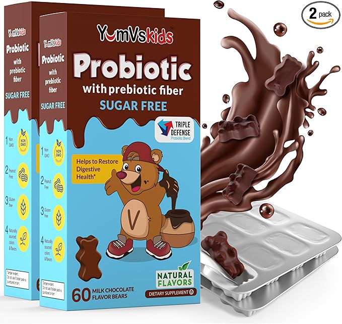 YUM-V'S Probiotics for Kids Chocolate Bears – Kids Probiotic Supplement with 1 Billion CFU – Prebiotic High Fiber Supplements for Digestive Support – Sugar-Free Melt-in-Mouth – 60 Count, Pack of 2