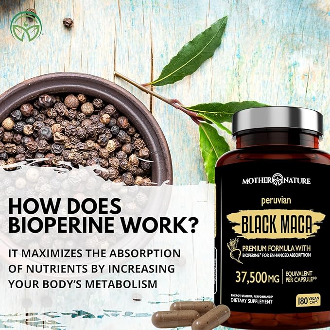 Black Maca Root 50:1 750mg – 180 Capsules Organic Peruvian Maca Peruana Supplement for Men | High Potency Energy, Mood & Performance Support | Vegan, Non-GMO
