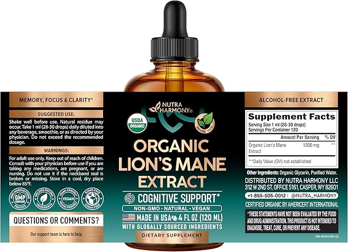 Lions Mane Liquid - USDA Certified Organic Lions Mane Supplement - Brain Support, Energy, Memory & Focus - Sugar & Alcohol-Free Lion's Mane Mushroom Extract 144,000 mg / Bottle, 4fl oz, 4 Month Supply