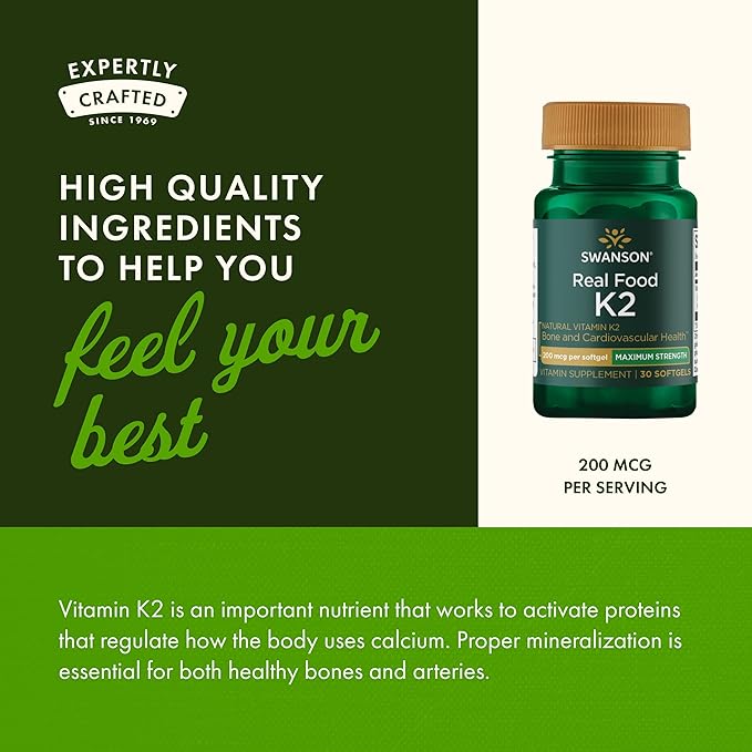 Swanson Maximum Strength Vitamin K2 (MK-7) Bone and Heart Health Supplement for Adults Over 50 Seeking Calcium Regulation - 200 mcg from Japanese Natto (30 Softgels)