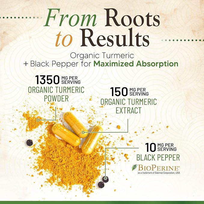 Turmeric Curcumin Supplement 1500mg - Organic Tumeric & BioPerine Black Pepper for Best Absorption with 95% Curcuminoids, Nature's Joint & Immune Support, Non-GMO, Bottled in USA - 240 Capsules