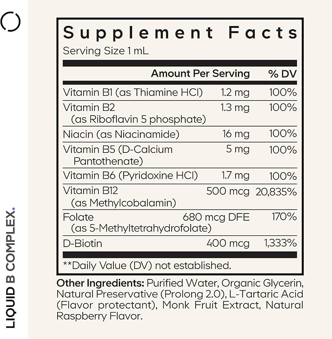 Codeage Liquid B-Complex Supplement with 8 Forms of Vitamin B - Vitamin Thiamine B1, Riboflavin B2, B3, B5, B6, Biotin B7, Active Methylated B9 Folate & B12 - Raspberry Flavor - Non-GMO - 1 fl oz