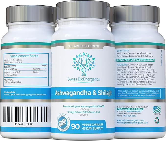 Ashwagandha & Shilajit - Ashwagandha KSM-66 1000mg & Purified Shilajit Extract 200mg (50% Fulvic Acid) - No Artificial fillers, Binders or Flow Agents - Suitable for Vegans
