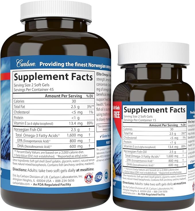 Carlson - Elite Omega-3 Gems, 1600 mg Omega-3 Fatty Acids Including EPA and DHA, Norwegian Fish Oil Supplement, Wild Caught, Sustainably Sourced Fish Oil Capsules, Lemon, 90+30 Softgels