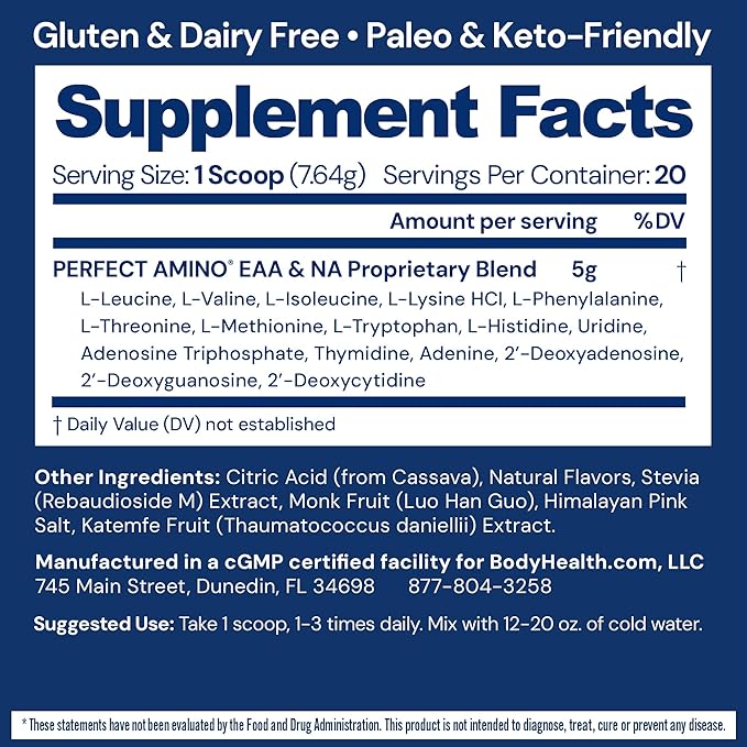 BodyHealth PerfectAmino - BCAA and EAA Powder for Pre and Post Workout - Amino Acid Energy Drink for Men and Women to Support Lean Muscle and Recovery - Lemon Lime - 20 Servings