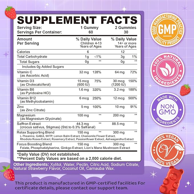 Saffron Gummies for Kids & Adults, 20-in-1 Saffron Supplements with 88.5mg Saffron Extract, B6, B12, C, D3, Magnesium for Calm, Focus, Nerve, Sugar Free, Vegan, Non-GMO - Strawberry Flavor, 120 Counts