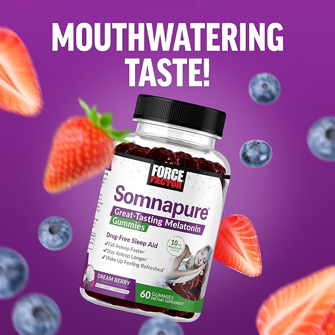 Force Factor Somnapure Gummies with Melatonin 10 mg for Adults, Non-Habit-Forming, Natural Sleep Aid for Deep Sleep, Stay Asleep Longer, Wake Up Refreshed, Dream Berry Flavor, 60 Count (Pack of 1)