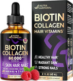 Liquid Biotin & Collagen 60,000 mcg - Vitamins for Hair Growth Support - Extra Strength Drops for Women & Men - Liquid Collagen Supplement - Strong Nails & Healthy Skin - Made in USA - 2 Fl Oz
