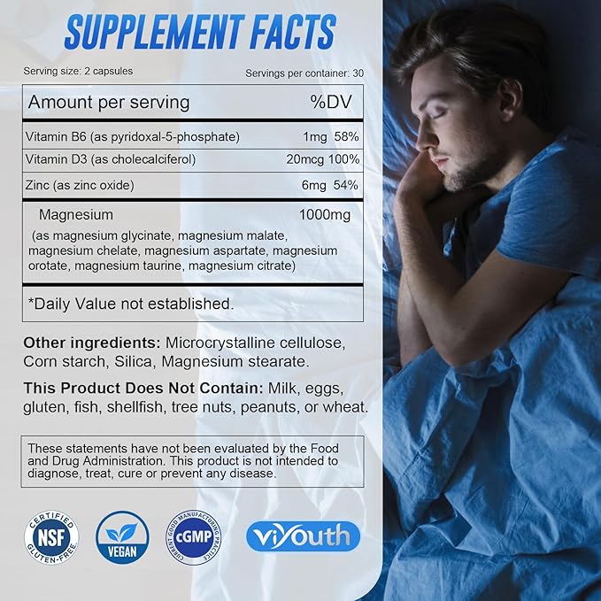 Magnesium 7 Complex Supplement Advanced with 7 Forms of Magnesium (Glycinate, Malate, Chelate, Aspartate, Orotate, Taurine, Citrate), Zinc, Vitamin D3 & Vitamin B6 for Sleep & Muscle, 60 Capsules