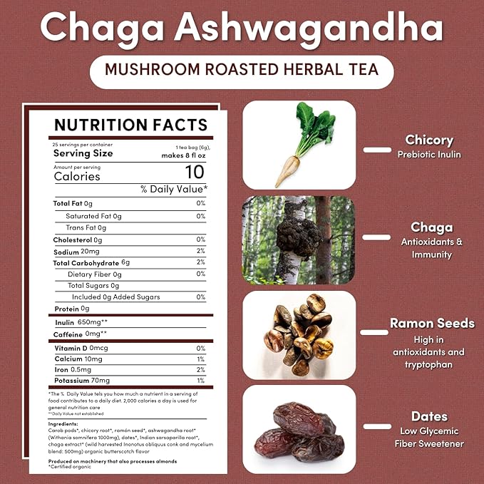 Teeccino Chaga Ashwagandha Tea - Butterscotch Cream - 25 Tea Bags - Organic Mushroom Adaptogenic Herbal Tea, 3x More Herbs than Regular TeaBags, Prebiotic, Caffeine Free, Gluten Free - (Pack of 3)