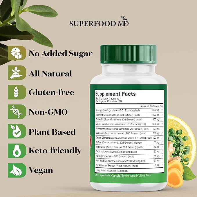 Moringa Supplement | Turmeric, Ginger, Boswellia, Saffron, Holy Basil, Nettle -Support Supplement for Women and Men with Ceylon Cinnamon, Quercetin, Tart Cherry- 240 Capsules