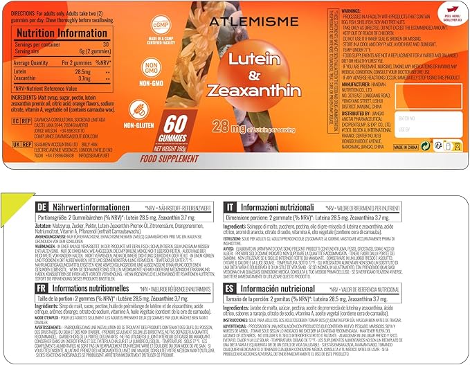 Lutein Gummies (60 Gums). Gummies for Eyes with Lutein (28.5 mg), Zeaxanthin and Vitamin A (30 Day Pack), Orange Flavor, Vegan, Non-GMO, Gluten-Free, Supports Eye Health
