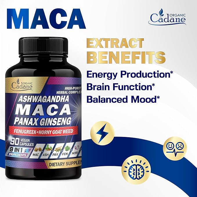 Organic Cadane Maca Root, Ashwagandha, Panax Ginseng Supplement - 90 Capsules 3 Months with Fenugreek, Tongkat Ali & More - Support Energy Production & Immunity