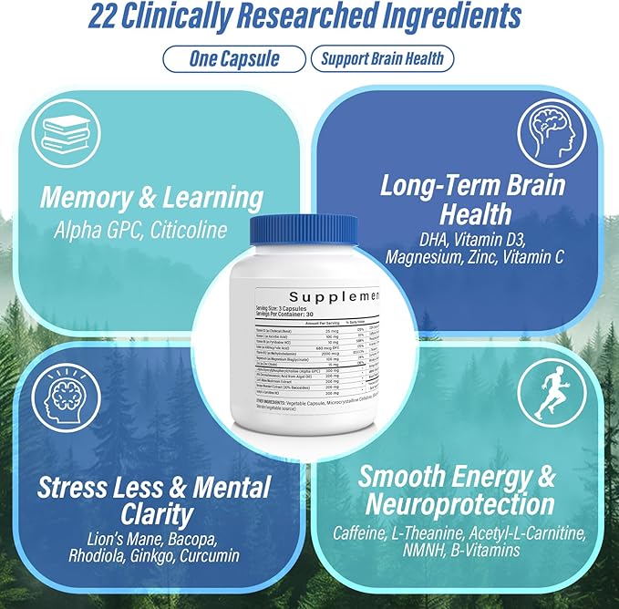 Brain Supplements for Memory and Focus, Clarity & Cognitive Improvement, 300mg Alpha GPC, CDP-Choline, DHA, Lion’s Mane, L-Theanine, Vitamin & Phosphatidylserine for Men & Women, 90 Capsules, 3PACK