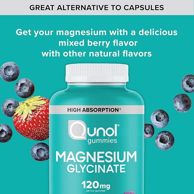 Qunol Magnesium Glycinate Gummies,120mg of Magnesium Glycinate,High Absorption,Mixed Berry,90 Count (Pack of 2)