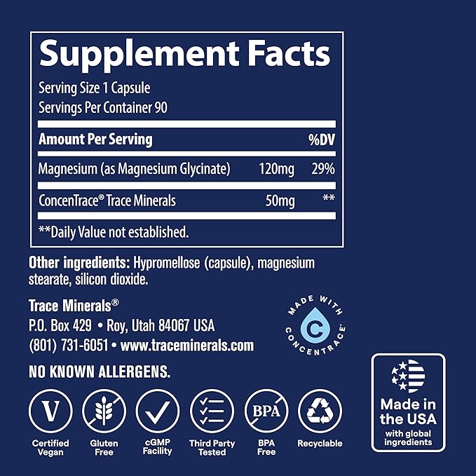 Trace Minerals Magnesium Glycinate - Gentle Magnesium Glycinate Supplement for Healthy Sleep & Relaxation Support - Healthy Mind & Energy - Vegan - Gluten-Free - 90 Count (90 Servings)