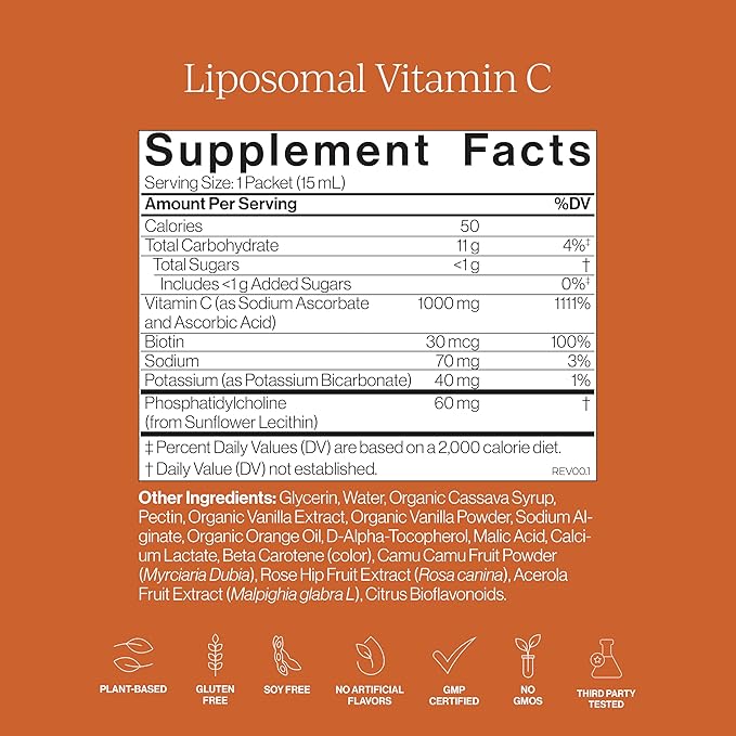 CYMBIOTIKA Liposomal Vitamin C Supplement, Immune Health, Skin Health, Healthy Aging, Enhanced Absorption, Gluten Free, Soy Free, Plant-Based, Orange Vanilla Flavor, 28 x 15 mL Liquid Packets