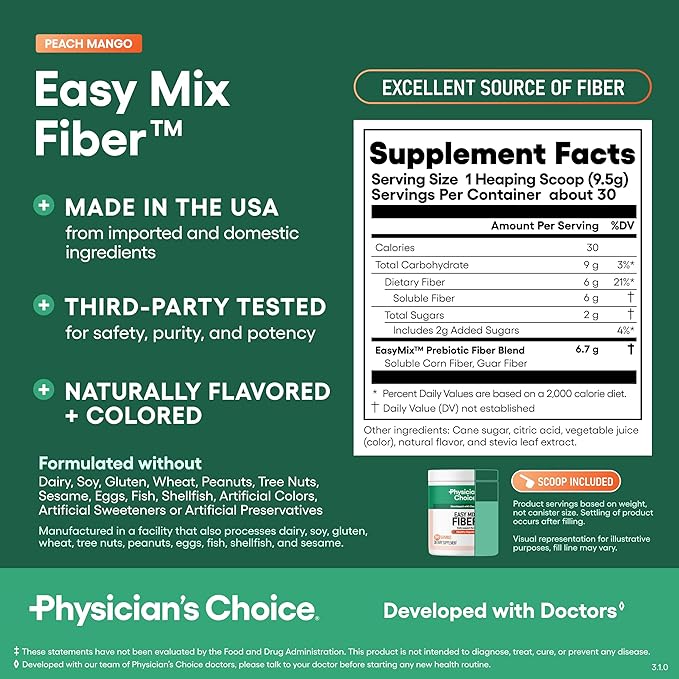 Physician's CHOICE Easy Mix Fiber for Digestive Health & Regularity - No Grit - Daily Prebiotic Soluble Fiber Powder Supplement for Women and Men - Peach Mango - 30 Servings