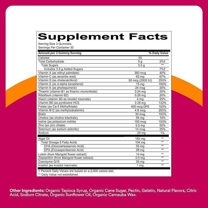 SmartyPants Multivitamin Gummy for Women 50 and Over, Omega 3 (DHA/EPA), Methylfolate, CoQ10, Vitamin D3, C, Vitamin B12, B6, A, K, Biotin, Gluten Free, 90 Count (30 Day Supply)