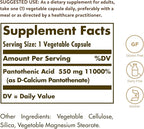 Solgar Pantothenic Acid 550 mg Vegetable Capsules Vitamin B5 Energy Metabolism Nervous System Support Gluten Free Dairy Free Kosher Servings, Standard Packaging, 100 Count