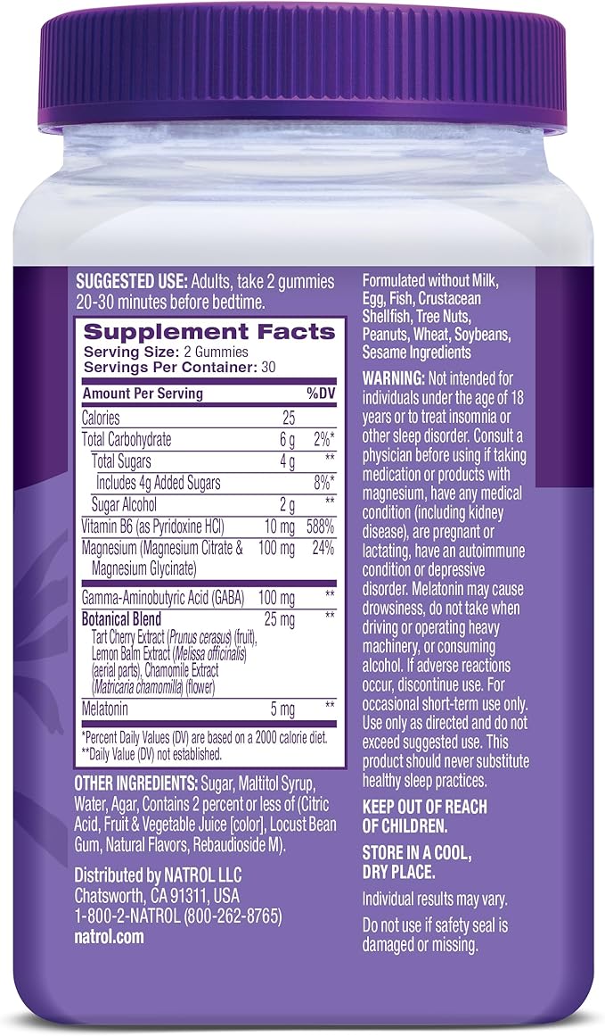 Natrol Sleep + Restore Magnesium Glycinate Blend Gummies with Melatonin 5mg - Calm Magnesium with GABA,Botanical Blend,Cherry Flavor,60 Gummies,(Pack of 2)